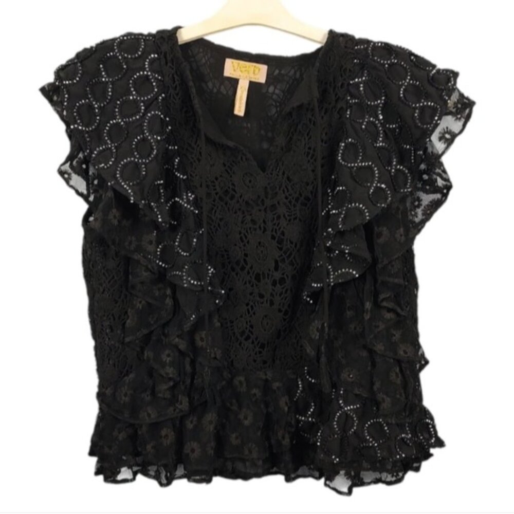 Whimsigoth Dark Romantic Black Ruffle Lace Blouse XS Verb By Pallavi Singhee